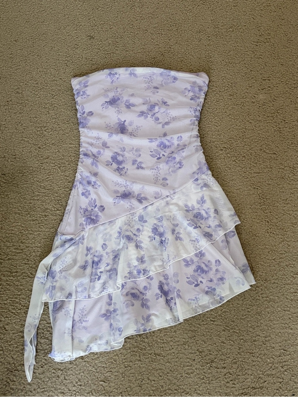 Strapless Lavender Floral Ruffle Mini Dress